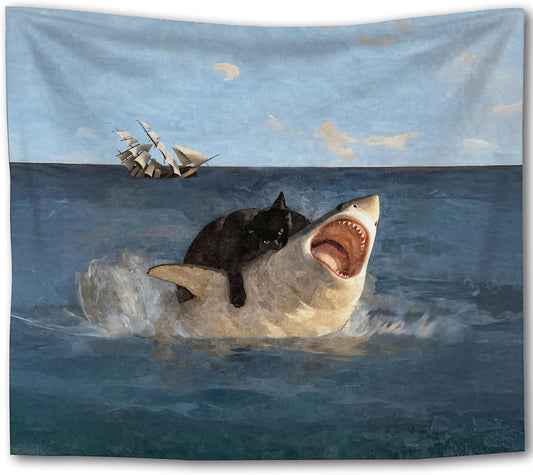 Foritho Fat Black Cat vs. Shark Tapestry, Vintage Renaissance Funny Cat Meme Tapestry Wall Hanging, Nautical Ocean Shark Wall Tapestries for Bedroom Living Room Home Decor, 50x60 Inch