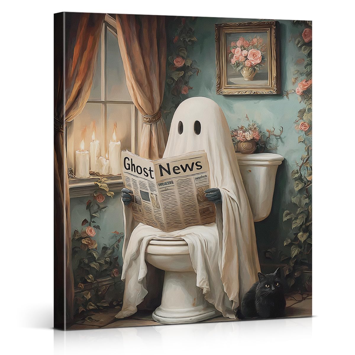 Funny Ghost Cat Halloween Bathroom Wall Art Ghost Are Canvas Print Framed