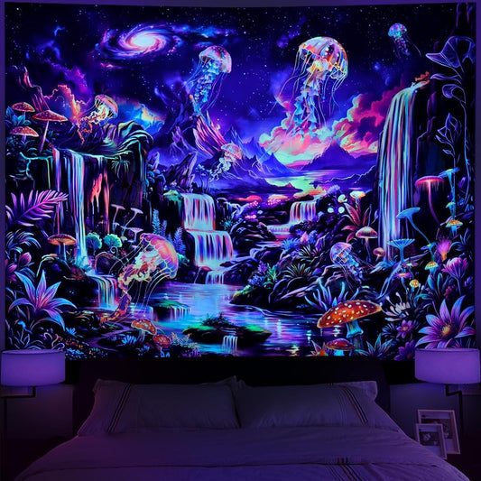 Serborlur Blacklight Galaxy Space Tapestry UV Reactive Neon Waterfall Wall Hanging Fantasy Jellyfish Mushroom Tapestries Colorful Starry Sky Landscape Backdrop Tapestry for Bedroom Dorm Room Decor