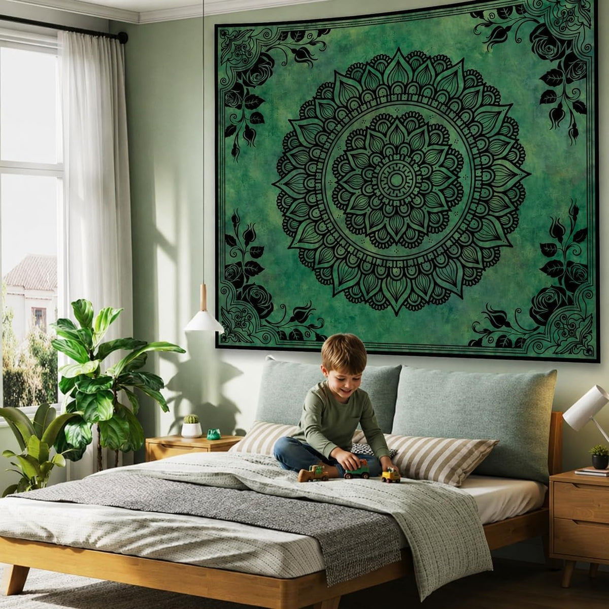 Green Boho Mandala Tapestry for Bedroom, Large Hippie Ceiling Wall Hanging