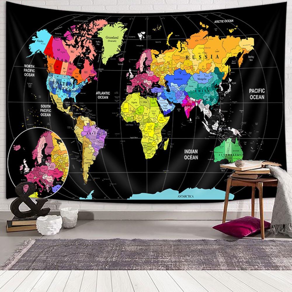 JAWO World Map Tapestry, Map of the World with Countries and Major Cities Wall Tapestries for Kids Student, World Map of the World Tapestry 60X40 Inch(Yellow)