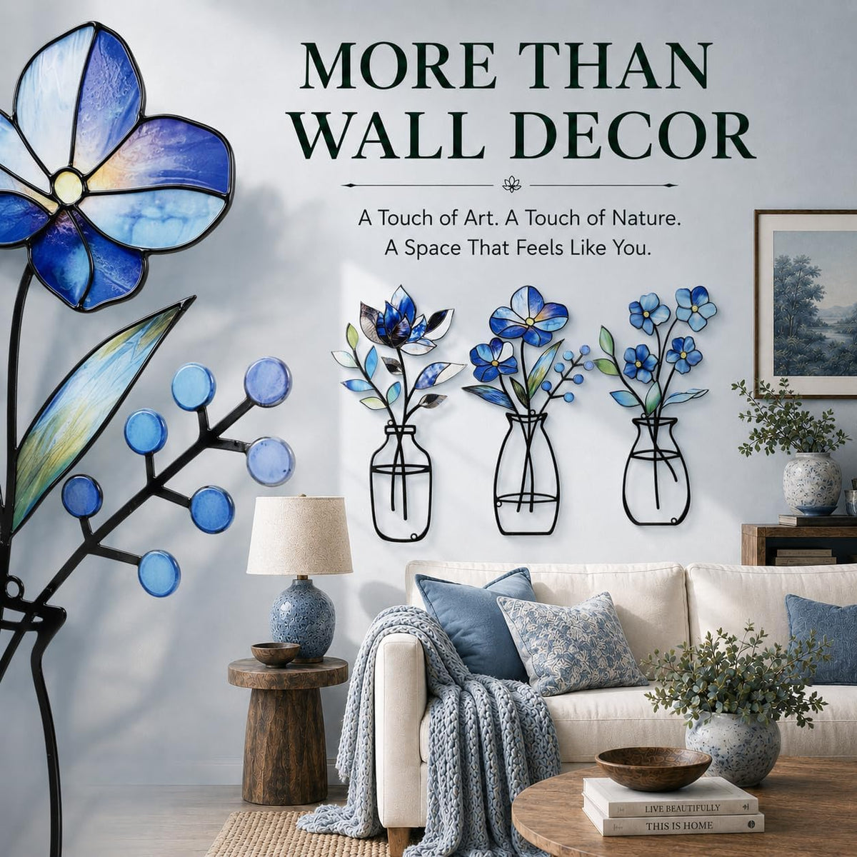 3 Pcs Metal Vase Wall Arts,Iron Art Painting,Rustic Farmhouse Decor Minimalist Flower Wall Decor for Bedroom Bathroom Living Room Dining Room(Blue, Vase-D)
