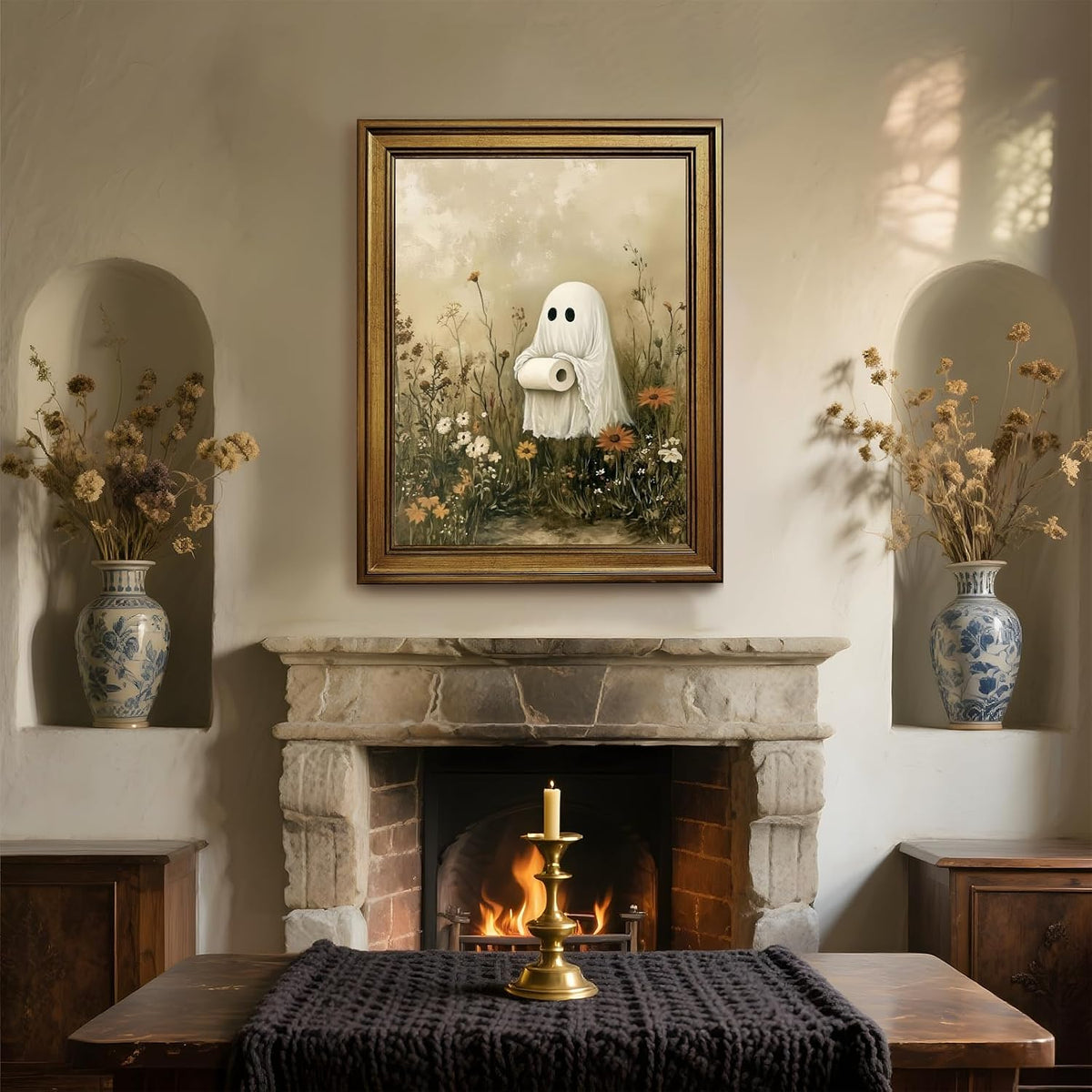 Funny Halloween Bathroom Wall Art Cute Ghost Toilet Paper Poster Spooky Toilet Art Prints Floral Ghost Painting Flowers Halloween Whimsical Room Decor for Powder Room Restroom 8x10inch Gold Frame