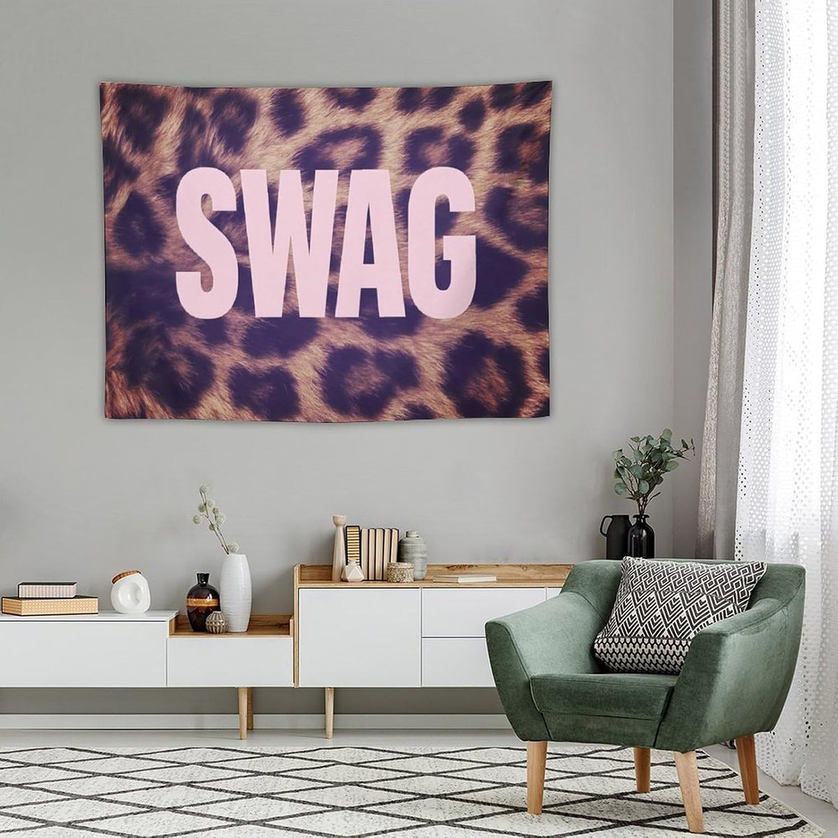 Gyvif Leopard Print Pink SWAG Slogan Wall Tapestry, Y2K Street Style Wall Hanging For Bedroom Dorm, Gift For Teens & Streetwear Lovers