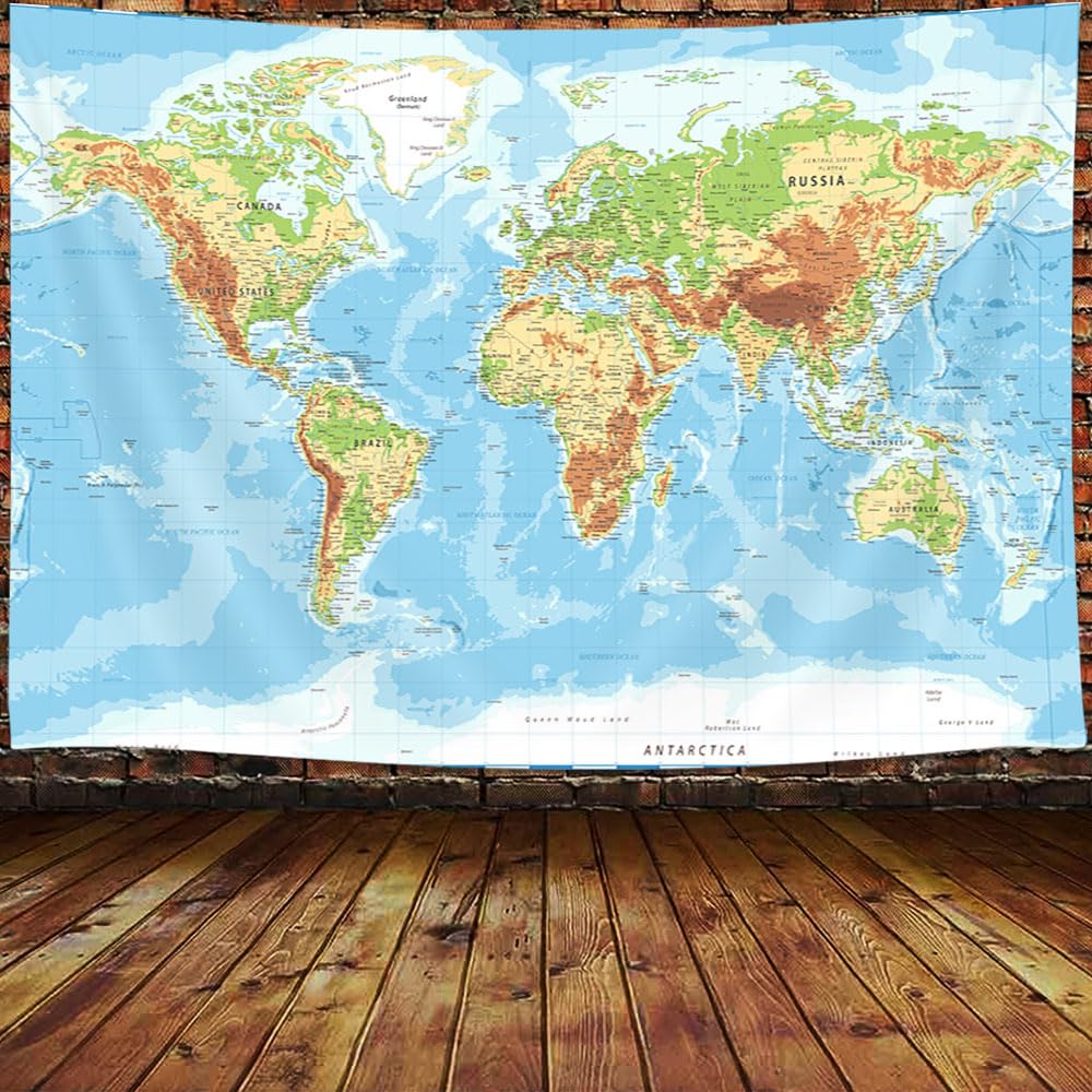JAWO World Map Tapestry, Map of the World with Countries and Major Cities Wall Tapestries for Kids Student, World Map of the World Tapestry 60X40 Inch(Yellow)