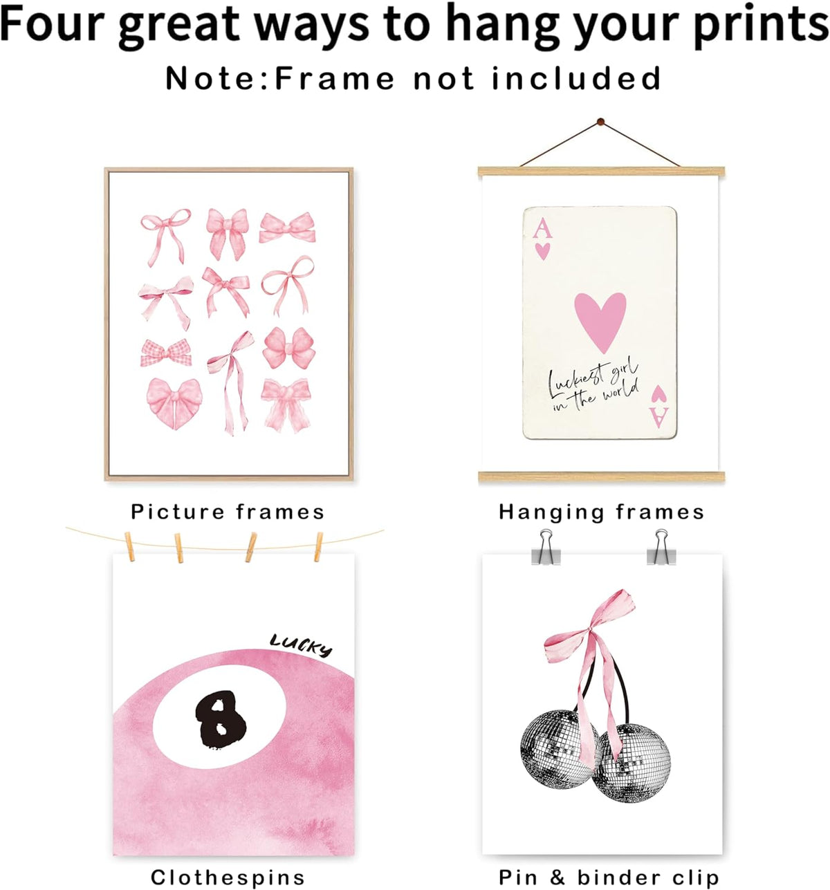 okaxscm Pink Coquette Trendy Preppy Wall Art Prints Set of 4, Coquette Room Decor, Preppy Room Decor Aesthetic, Pink Bow Disco 8 Ball Cherry Wall Decor Posters for Girls Bedroom Dorm, 8x10 Unframed