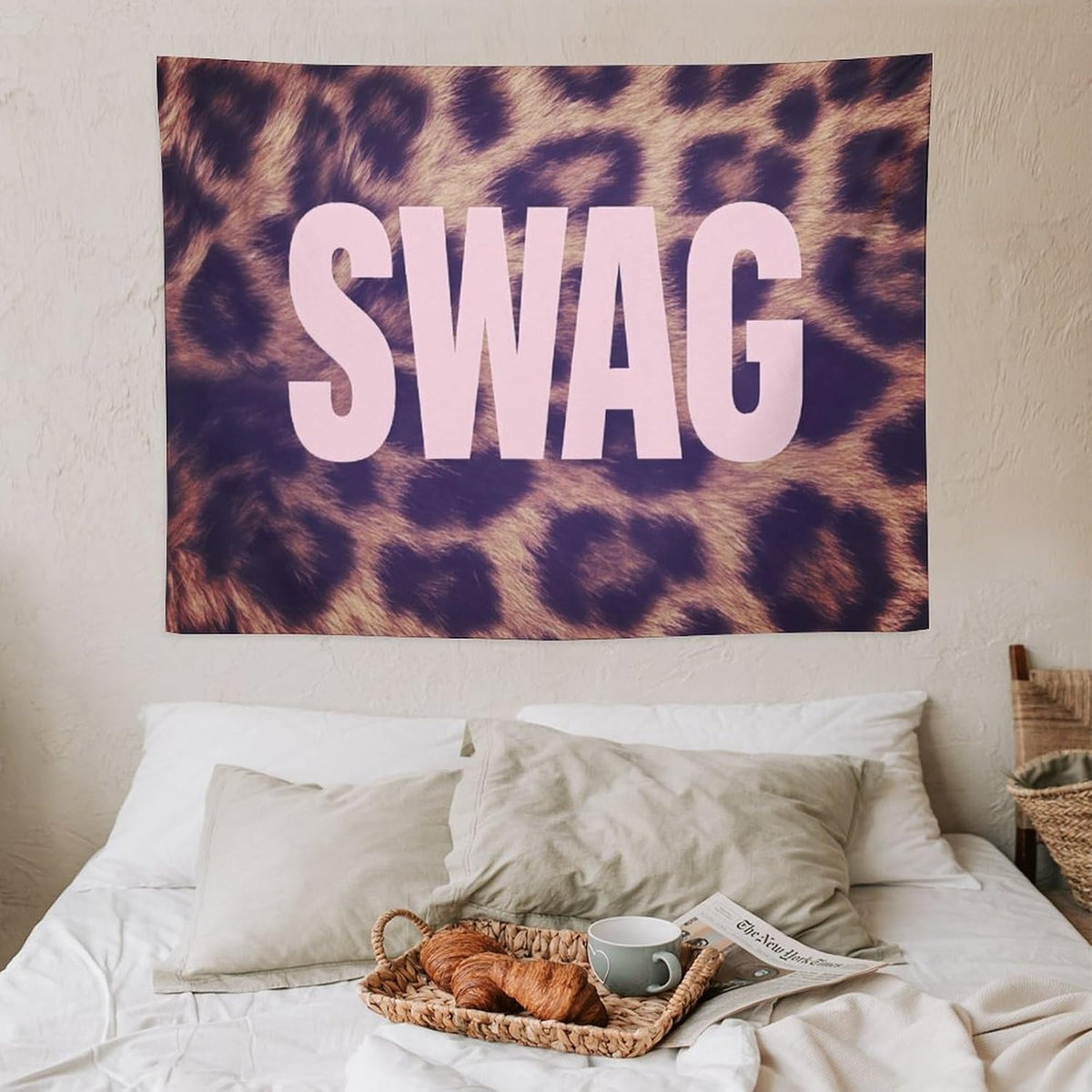 Gyvif Leopard Print Pink SWAG Slogan Wall Tapestry, Y2K Street Style Wall Hanging For Bedroom Dorm, Gift For Teens & Streetwear Lovers