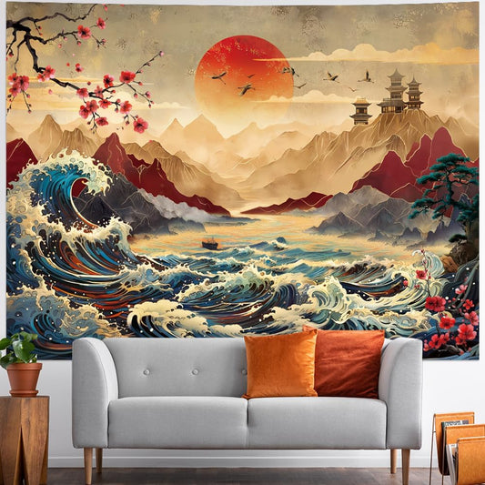 Lahasbja Great Wave Tapestry Vintage Sun Mountain Landscape Wall Hanging Aesthetic Japanese Ocean Wave Wall Tapestries Cherry Blossom Sunset Backdrop Retro Sea Art for Room