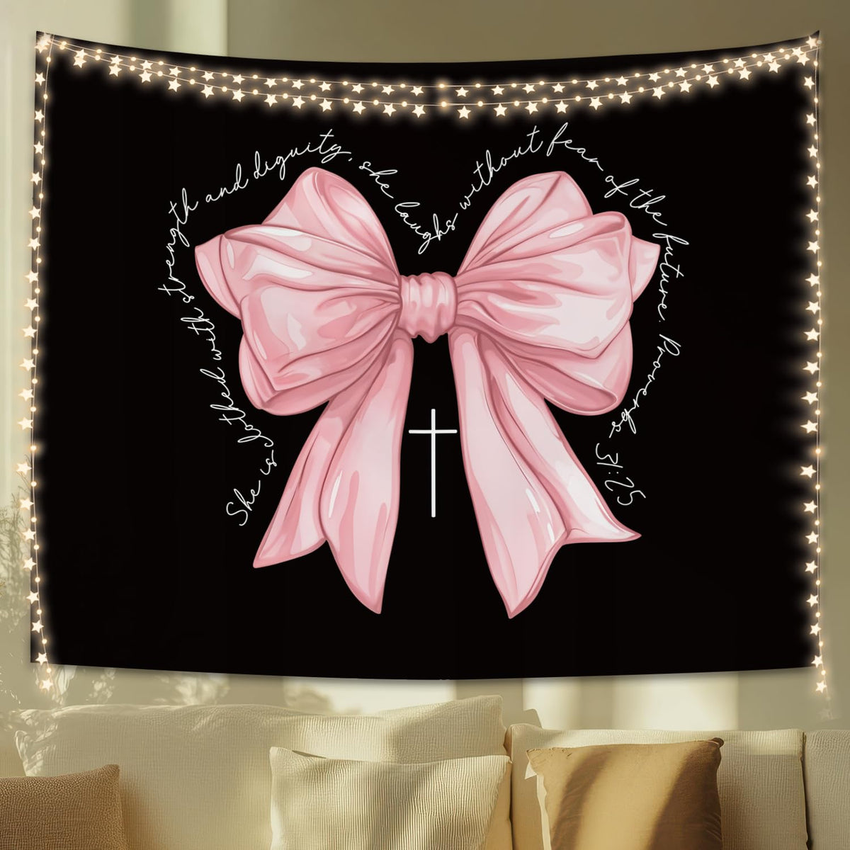 STHTTSW Wildflower Pink Bow Tapestry Aesthetic, Flower Tapestries Wall Blanket, Neutral Beige Botanical Wall Hanging Decor for Teen Girl Women Home Living Room Bedroom, 50x60 Inch