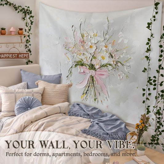 STHTTSW Wildflower Pink Bow Tapestry Aesthetic, Flower Tapestries Wall Blanket, Neutral Beige Botanical Wall Hanging Decor for Teen Girl Women Home Living Room Bedroom, 50x60 Inch