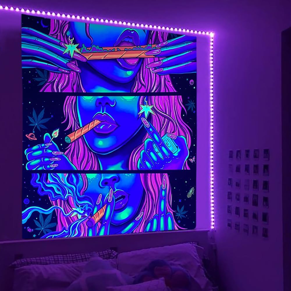 Hippie Hippy Wall Tapestry Trippy Smoking Tapestry Blacklight Tapestries for Stoner Bedroom Room Decor Weed Accessories Smoke Tapestrys Marijuana Cannabis High ST Poster Trippy Room Decor 29” x 37”
