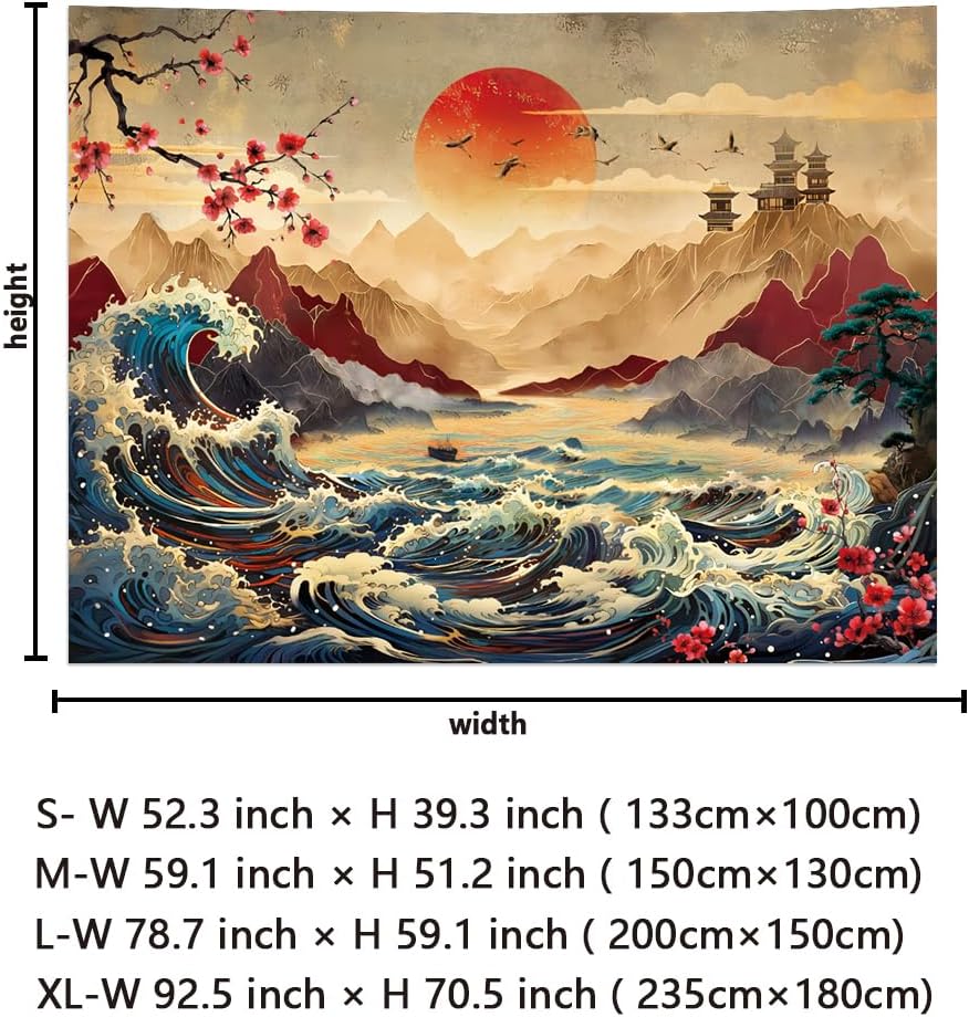 Lahasbja Great Wave Tapestry Vintage Sun Mountain Landscape Wall Hanging Aesthetic Japanese Ocean Wave Wall Tapestries Cherry Blossom Sunset Backdrop Retro Sea Art for Room