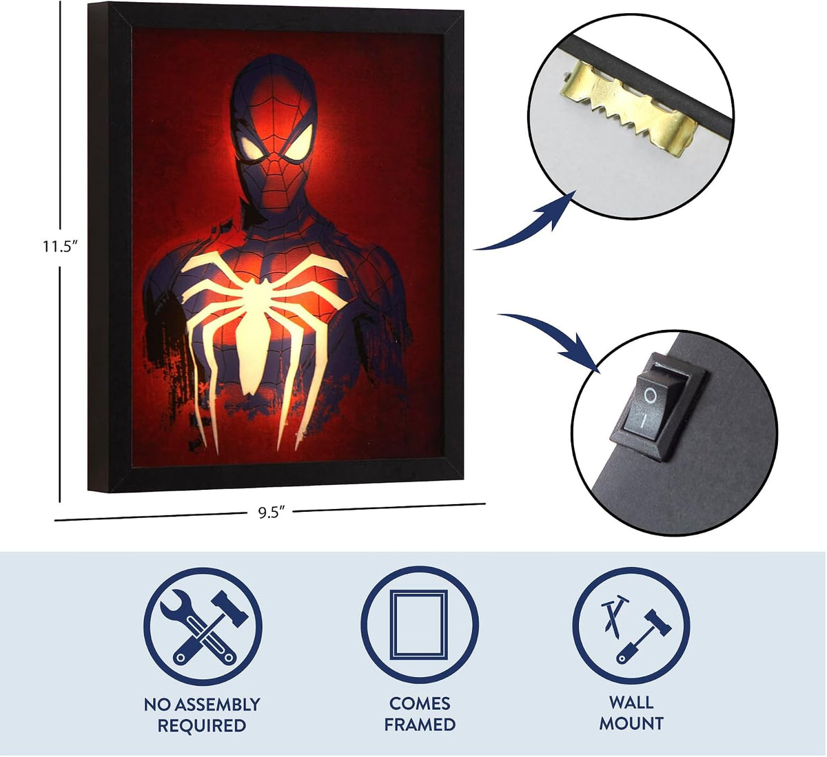 Marvel Spiderman Dual LED Wall Art,Superhero Décor, Red & Blue Comic Style Print, Official Framed Artwork for Kids Room, Bedroom, or Game Room,16"x16"