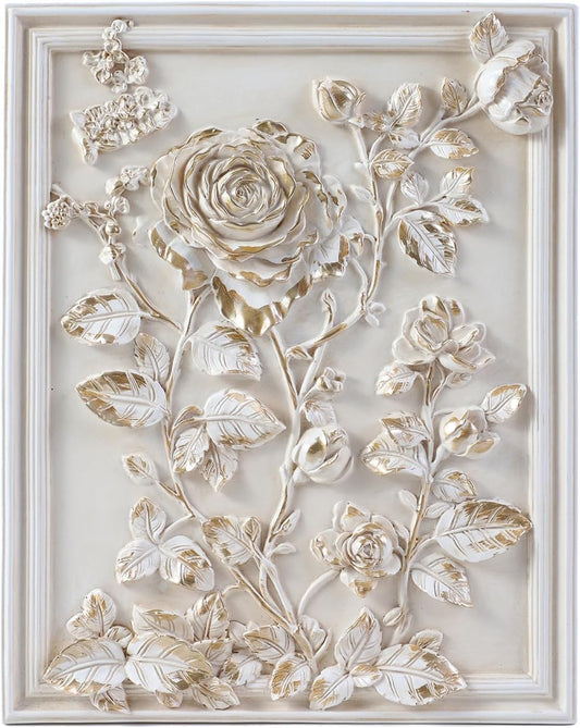 Kangce Vintage Wall Sculptures,Vintage Wall Decor,Antique Art Decor with Hand-Carved Rose Pattern,Ornate Victorian Home Decor,for Living Room, Bedroom,Hallway Gallery,Rectangular,Off-White and Gold