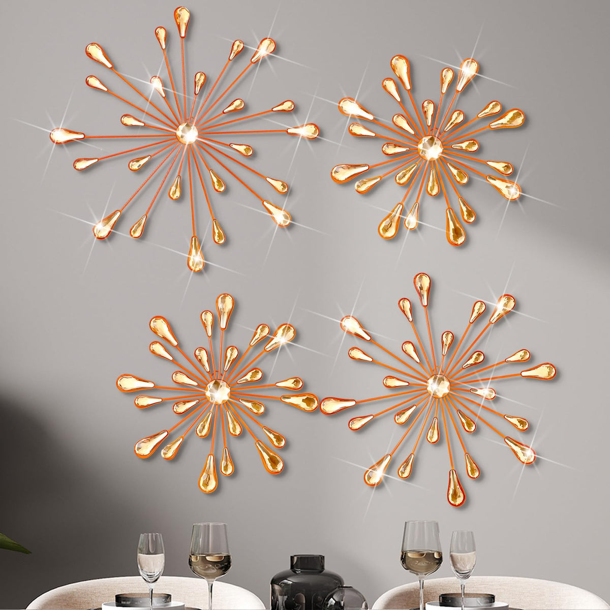 Hicarer 4 Pcs Starburst Wall Decor, Bling Metal Wall Art, Gold