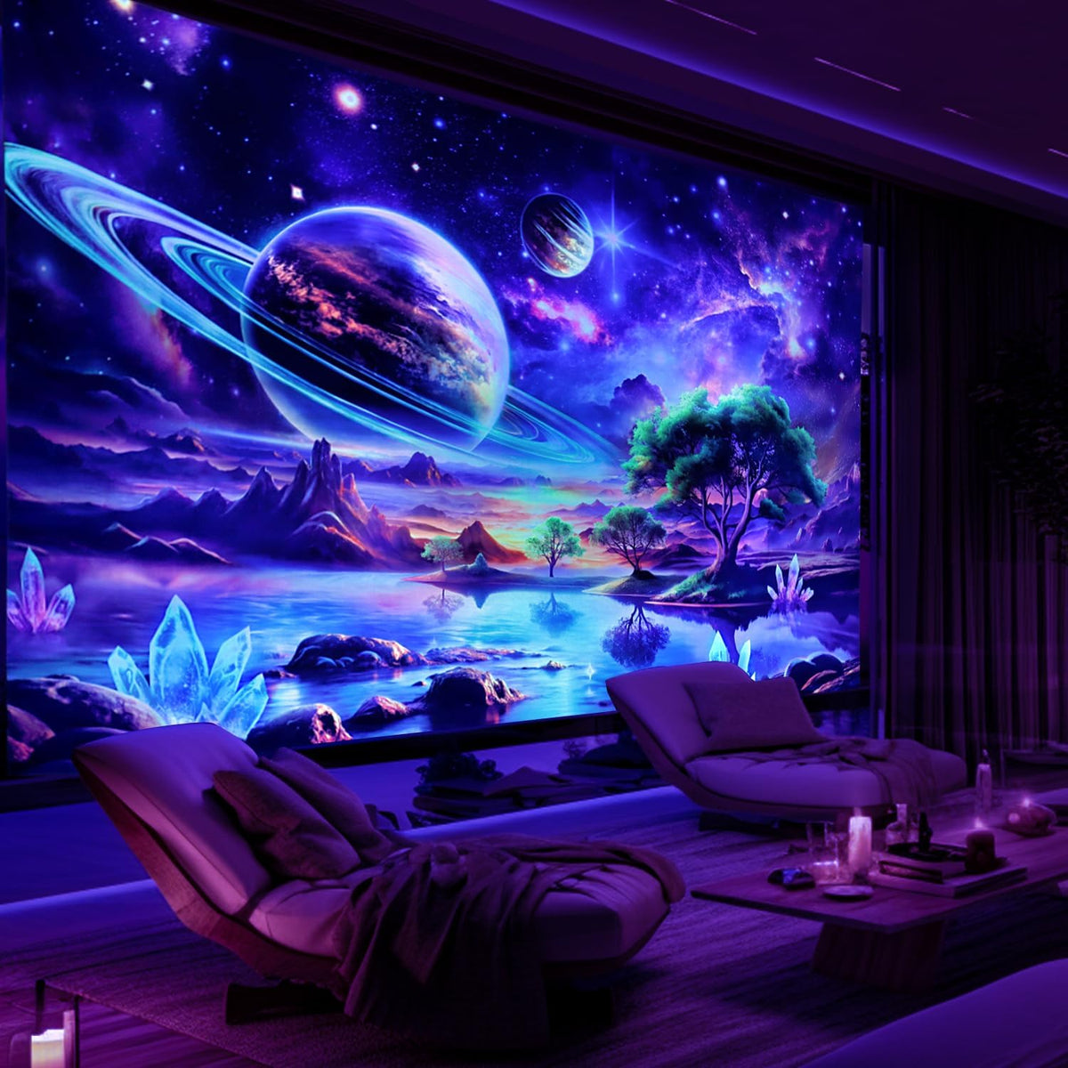 Lahasbja Blacklight Galaxy Space Tapestry UV Reactive Planet Wall Hanging Magical Trees Tapestries Cosmic Mountain Landscape Wall Decor Aesthetic Starry Night Backdrop for Bedroom
