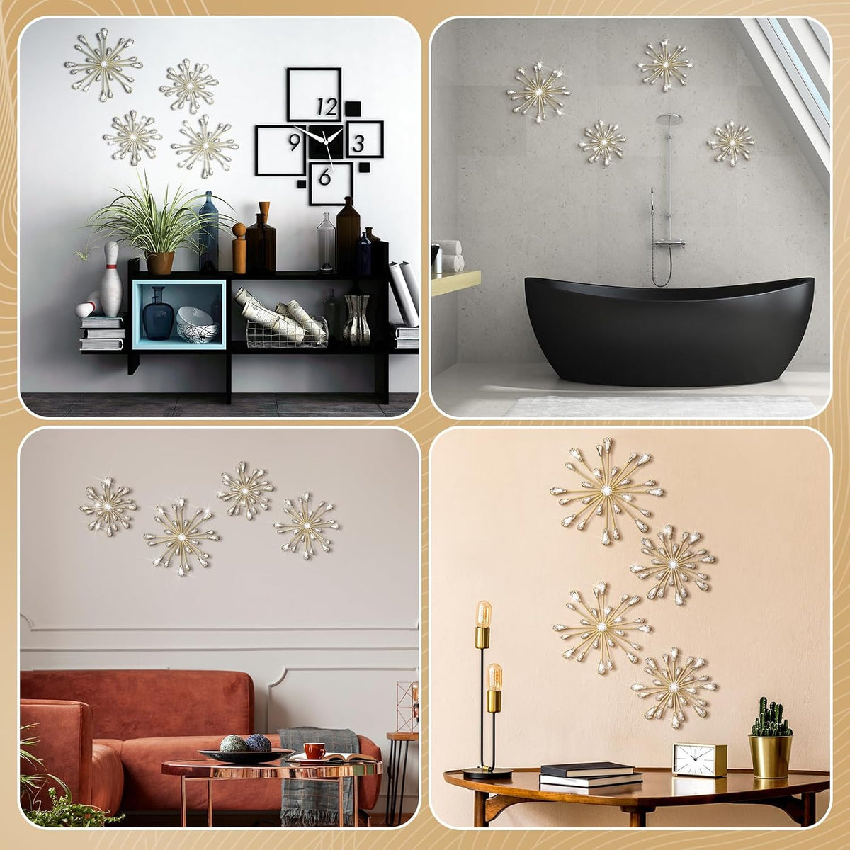 Hicarer 4 Pcs Starburst Wall Decor, Bling Metal Wall Art, Gold