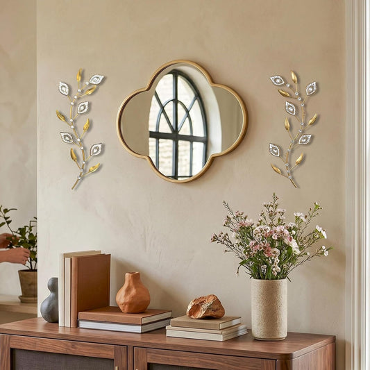 sxnzequnze 2 Set Metal Tree Leaf Wall Art for Home Decor Living Room Bedroom Dining Room Bling Rhinestone, 3D, Iron Branch Hanging Leaf Sculpture Art Pieces -Gold 16.5in*6.7in