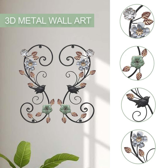 Birminwind 3D Metal Flower Wall Art: 2pcs Vintage Floral Wall Décor with Leaves Bird for Room, 15.16"