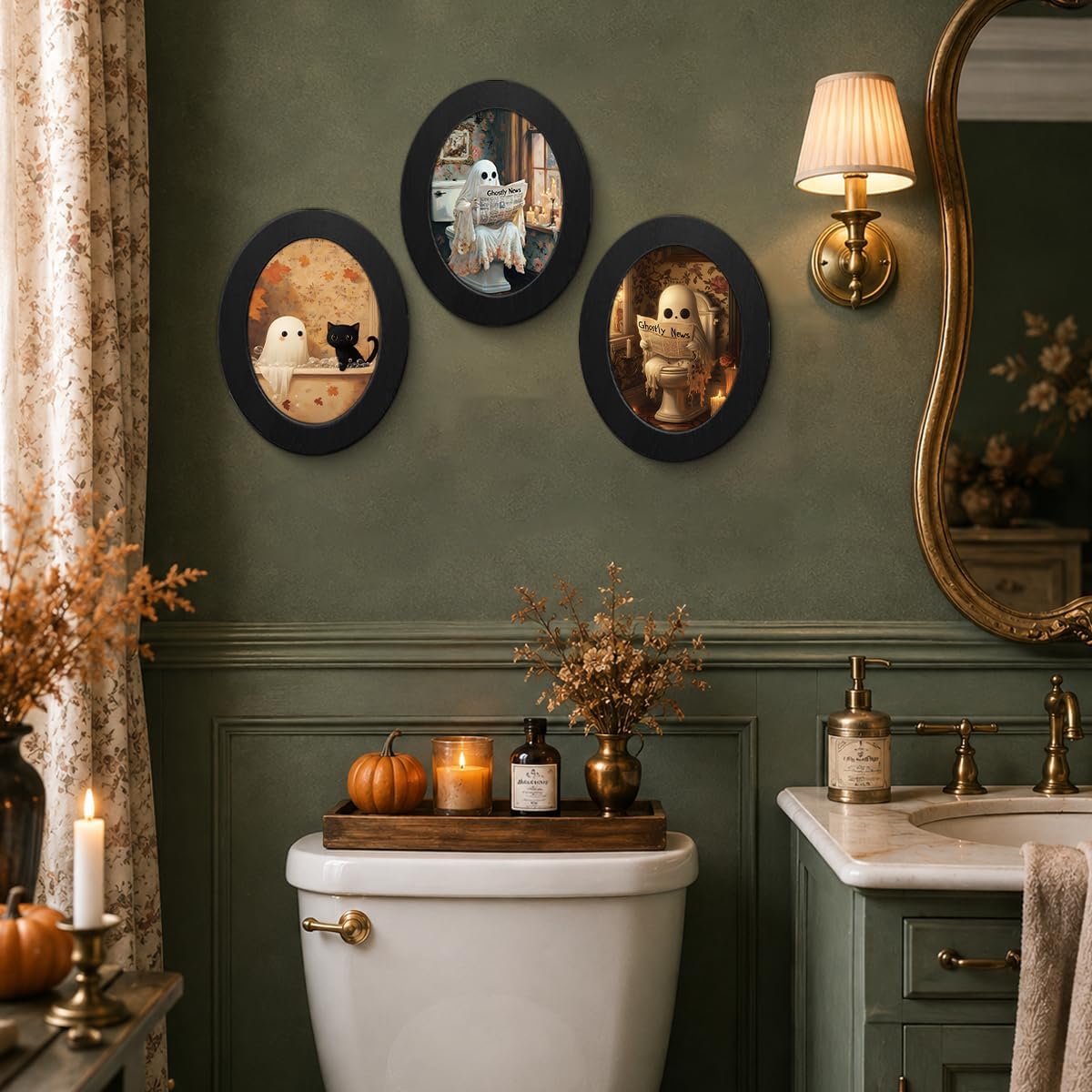 3Pcs Funny Ghost Halloween Bathroom Oval Wall Art Framed Spooky Decor