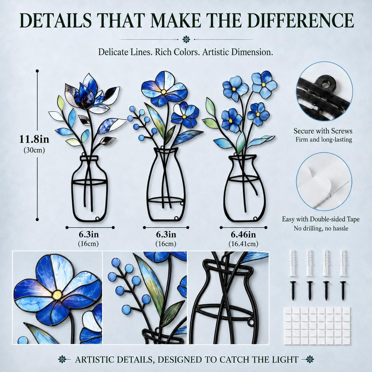 3 Pcs Metal Vase Wall Arts,Iron Art Painting,Rustic Farmhouse Decor Minimalist Flower Wall Decor for Bedroom Bathroom Living Room Dining Room(Blue, Vase-D)