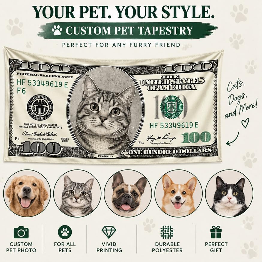 Custom Photo Tapestry, Personalized Funny 100 Dollar Bill Inspired Wall Hanging, Upload Your Face Picture, Novelty Money Style Room Decor, Custom Gift for Men Women Friends Family Birthday Party