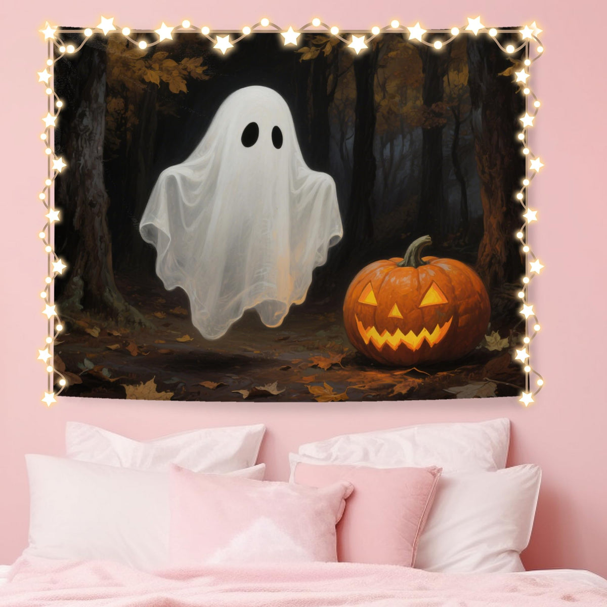 NATSUNO Halloween Tapestry, Halloween Spooky Ghost Wall Tapestry for Bedroom, Whimsical Enchanted Forest Flower Ghost Tapestries Wall Hanging for Home Living Room Decor, 50x60 Inches