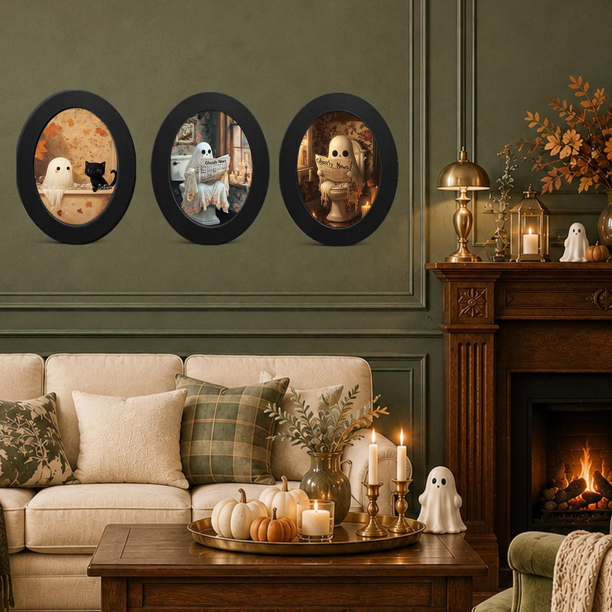 3Pcs Funny Ghost Halloween Bathroom Oval Wall Art Framed Spooky Decor