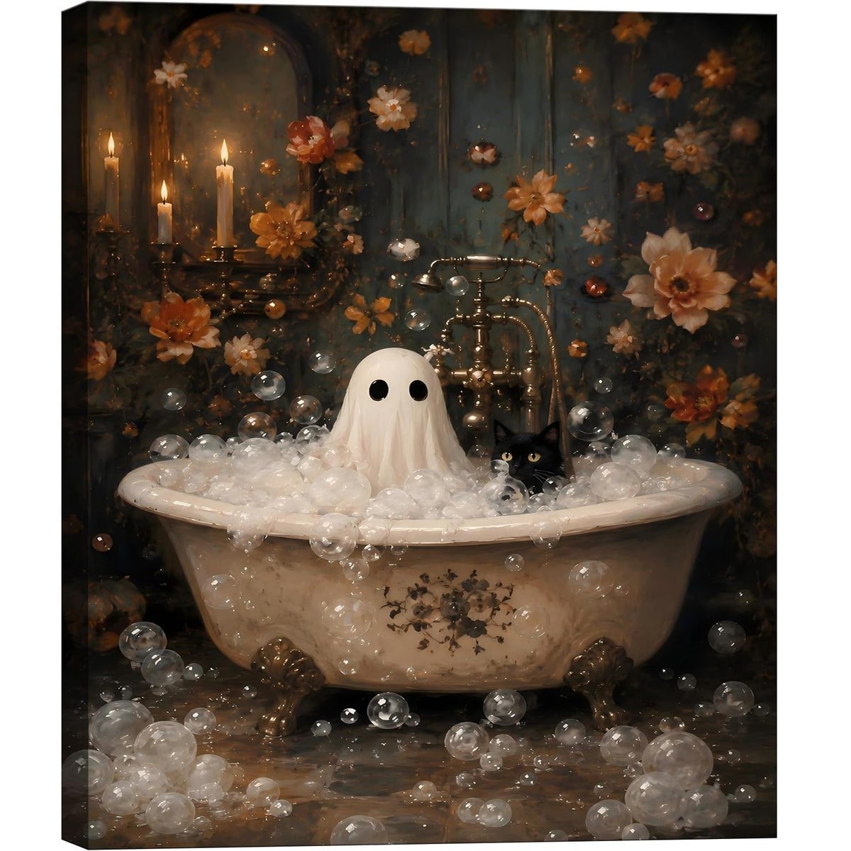 Framed Halloween Ghost Bathroom Canvas Wall Art 8x12 In, Funny Spooky Toilet Scene Canvas Prints Artwork, Dark Halloween Wall Decor Pictures for Office Home Decoration