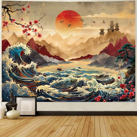 Lahasbja Great Wave Tapestry Vintage Sun Mountain Landscape Wall Hanging Aesthetic Japanese Ocean Wave Wall Tapestries Cherry Blossom Sunset Backdrop Retro Sea Art for Room