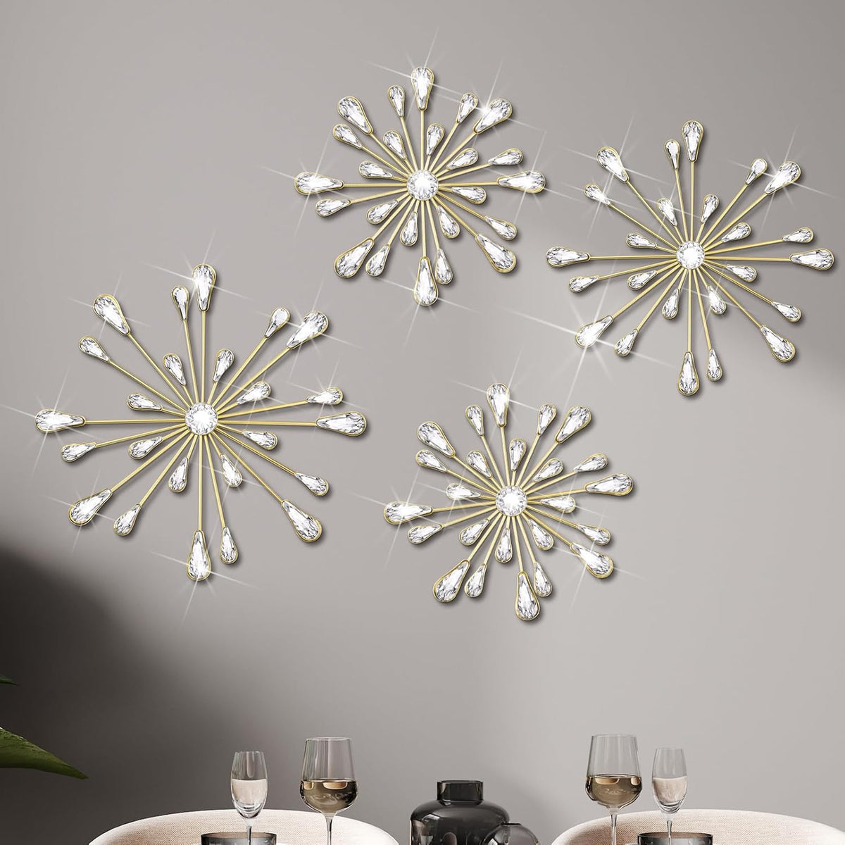 Hicarer 4 Pcs Starburst Wall Decor, Bling Metal Wall Art, Gold