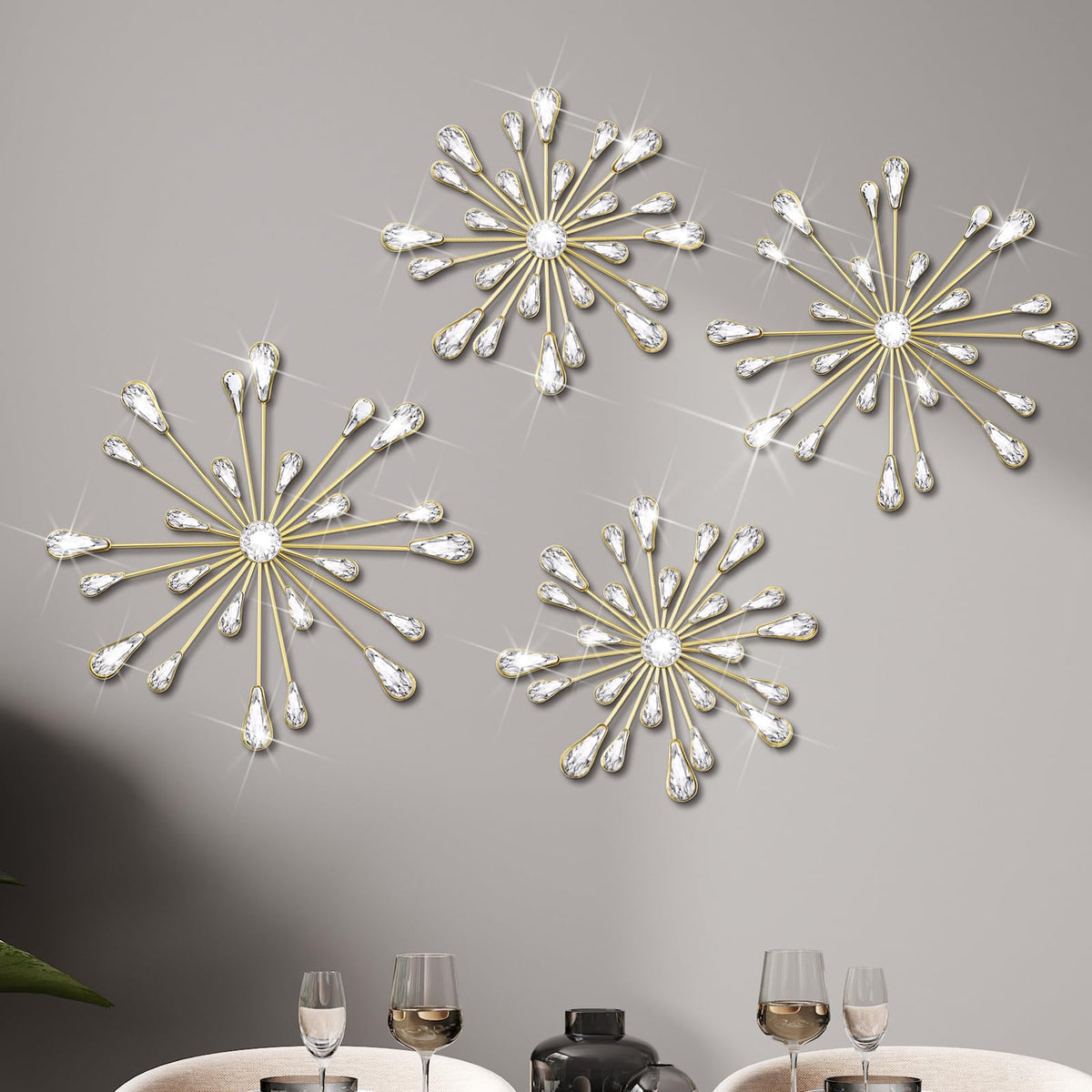 Hicarer 4 Pcs Starburst Wall Decor, Bling Metal Wall Art, Gold