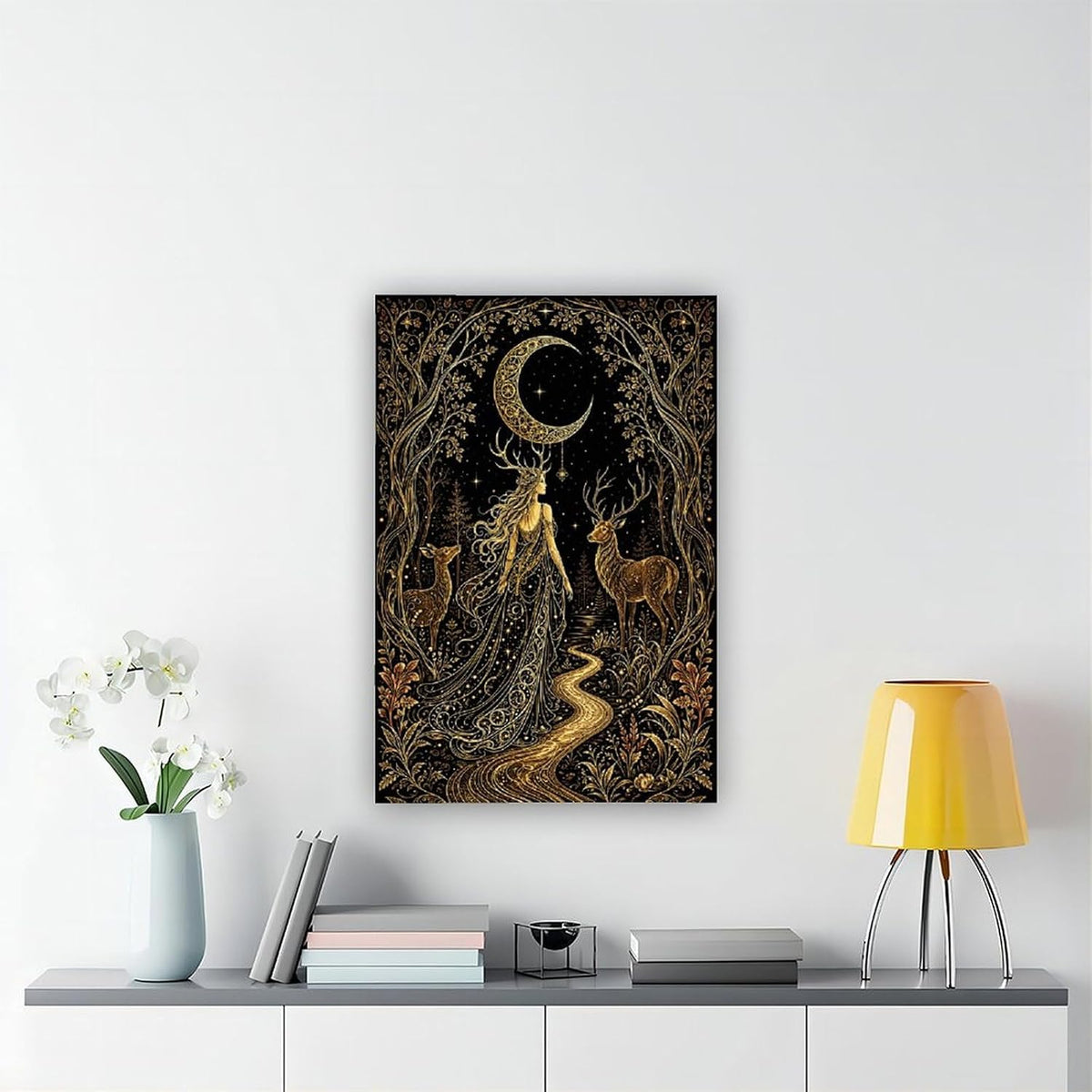 Tilvst Golden Moon Goddess Deer Forest Art Tapestry Canvas Poster