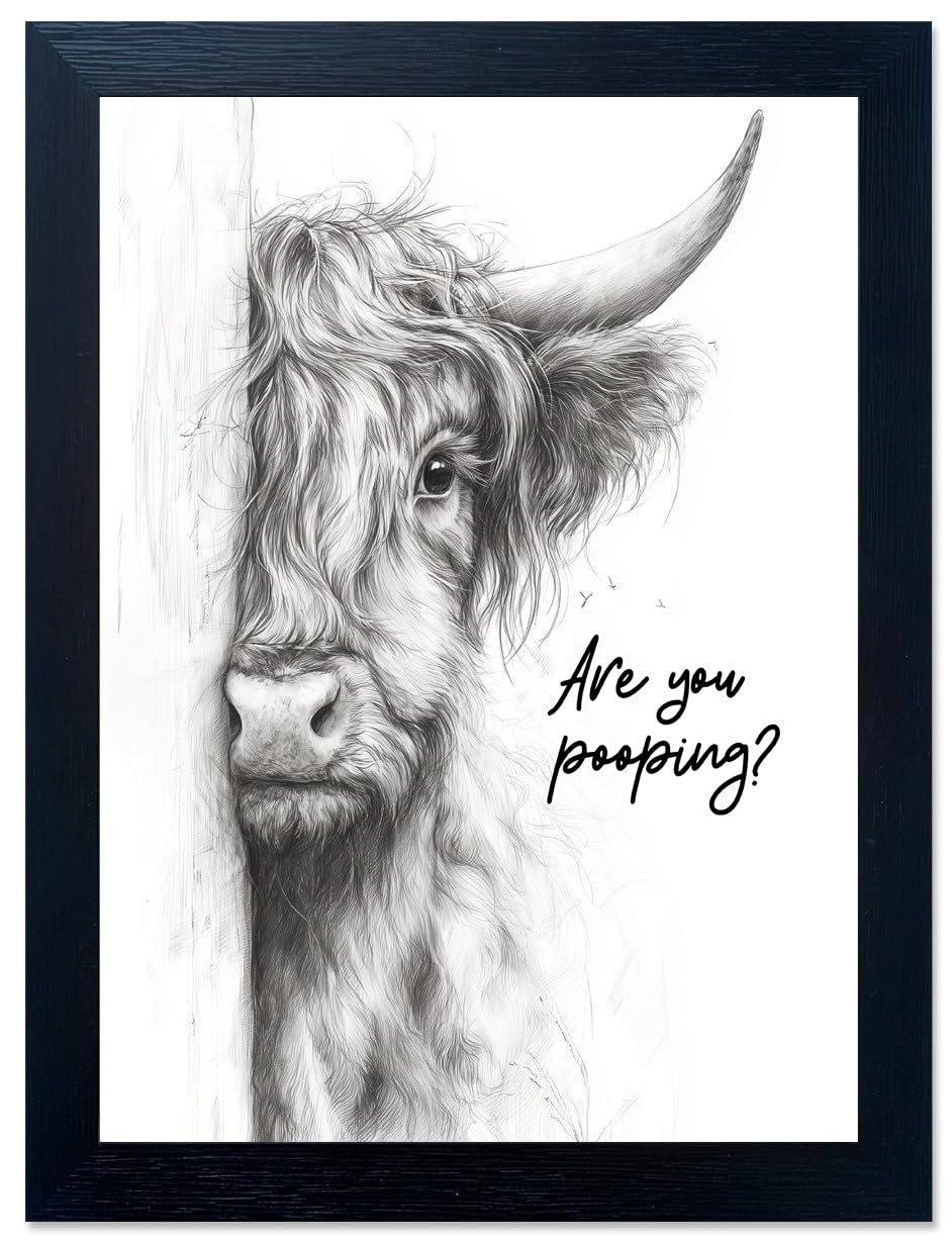 Funny Highland Cow Bathroom Wall Art - Rustic Farmhouse Wall Decor with Humorous Are You Pooping Canvas Print, Cute Animal Canvas Art for Restroom - Black Framed Cow Pictures Wall Decor Ready to Hang 8"x10"