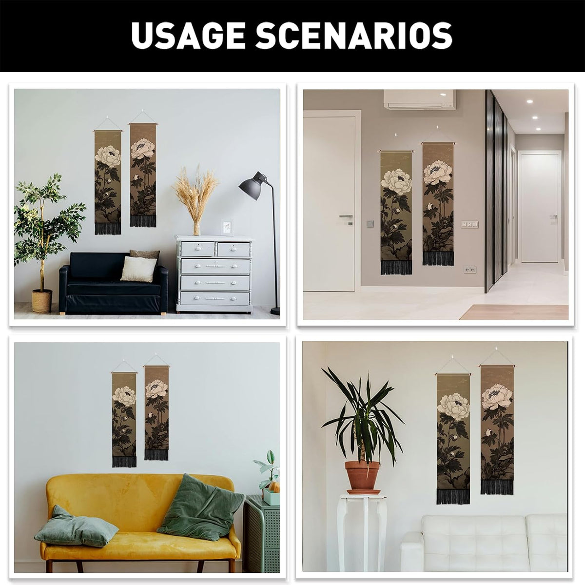 PLIGREAT 2 Pack Japanese Peony Vertical Tapestry with Tassels Elegant Flower Wall Hanging for Bedroom Bathroom Living Room Warm Long Narrow Wall Hanging Dorm Room Home Art Decor