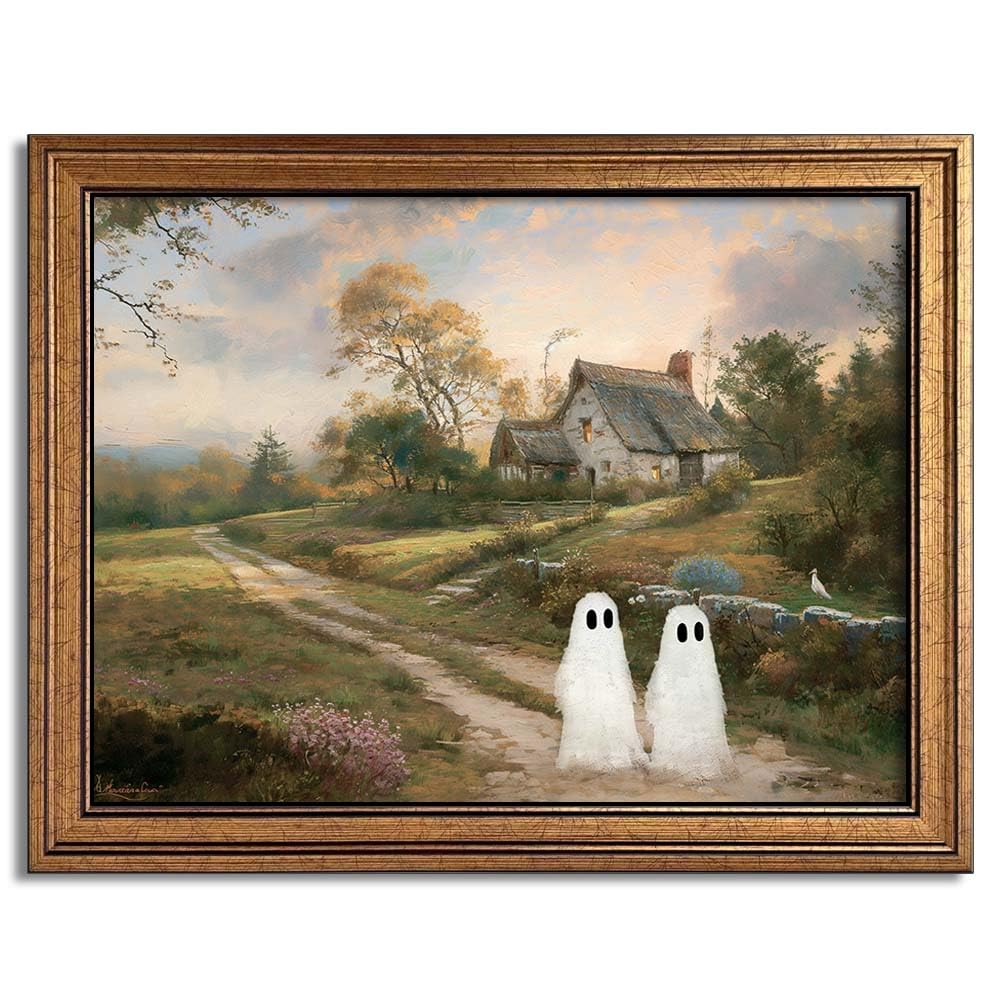 Wemandh Framed Halloween Decorations Fall Decor Wall Art, Rustic Landscape Wall Decor, Cute Ghost Decor Wall Art, Aesthetic Halloween Wall Decor (9.5''x12'')