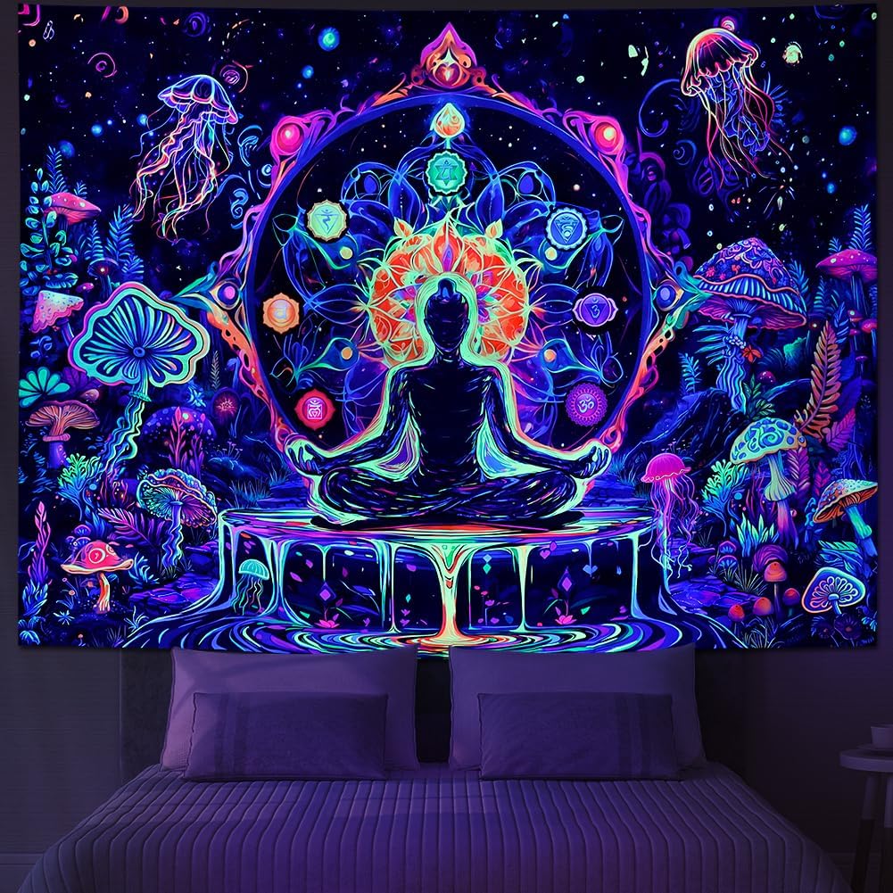 Yuiqear Blacklight Chakra Yoga Meditation Tapestry Mushroom Flower Wall Backdrop UV Reactive Mandala Tapestries Galaxy Space Jellyfish Tapestry Wall Hanging for Bedroom