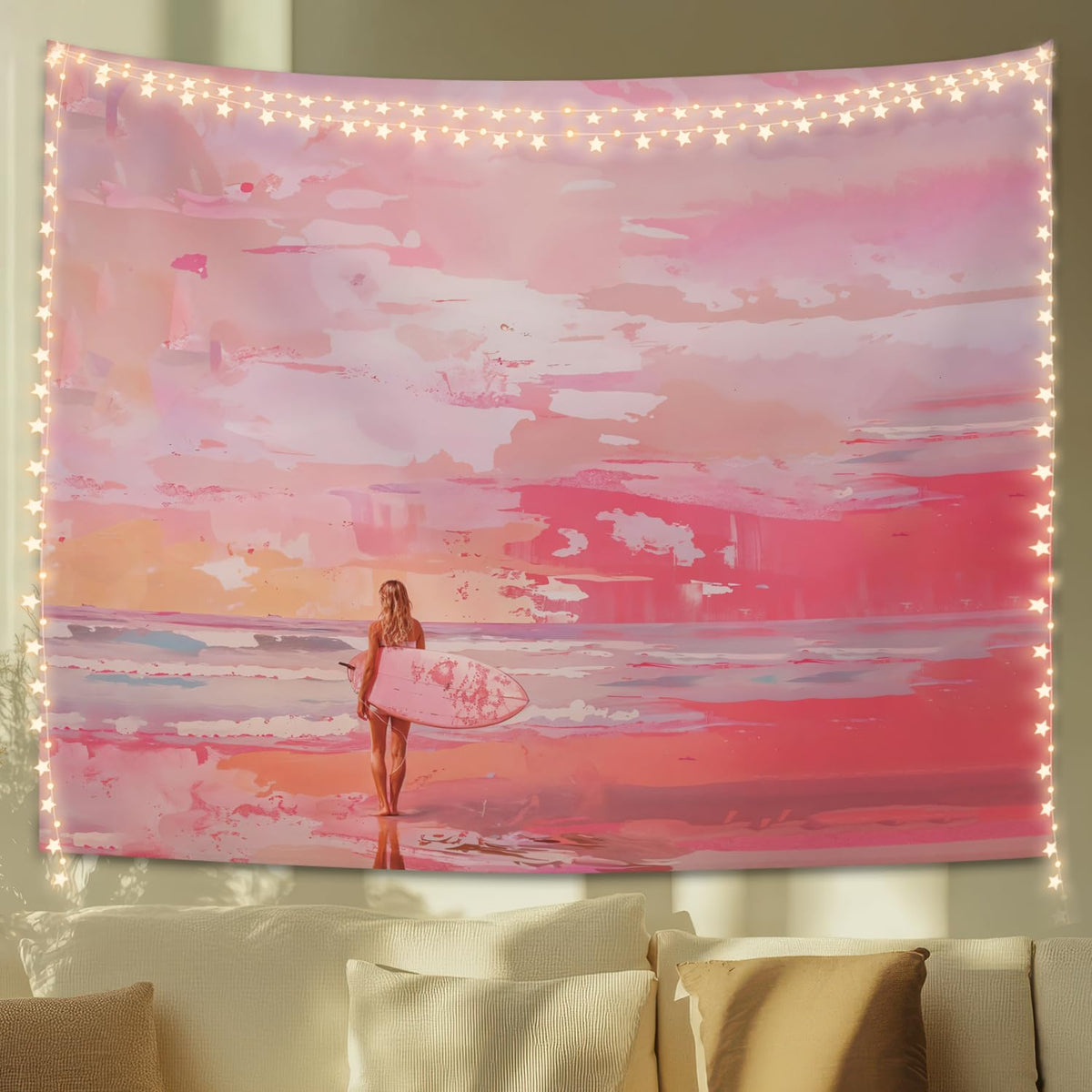 STHTTSW Wildflower Pink Bow Tapestry Aesthetic, Flower Tapestries Wall Blanket, Neutral Beige Botanical Wall Hanging Decor for Teen Girl Women Home Living Room Bedroom, 50x60 Inch