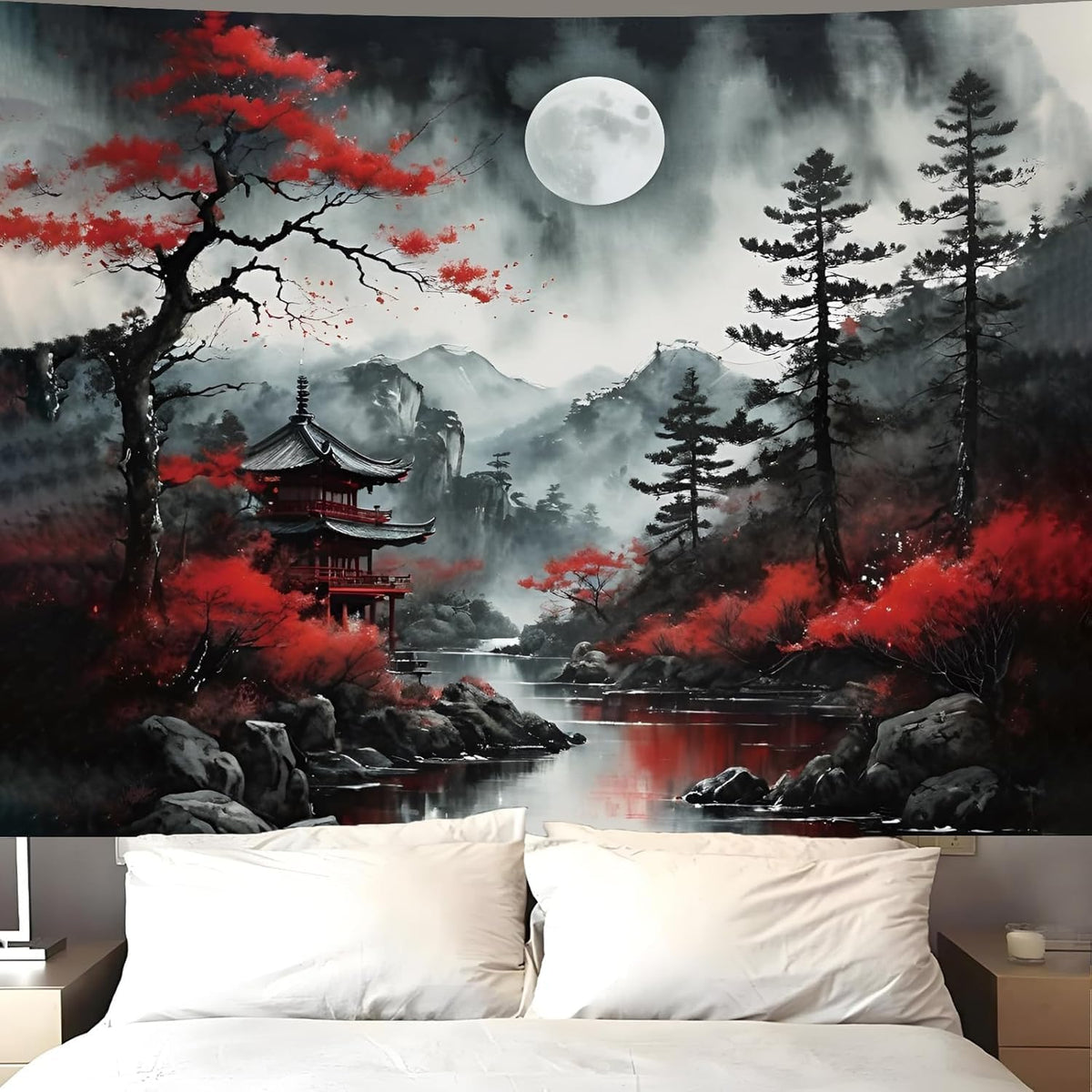 Japanese Wall Art Decor Tapestry for Bedroom, Black and White Anime Posters