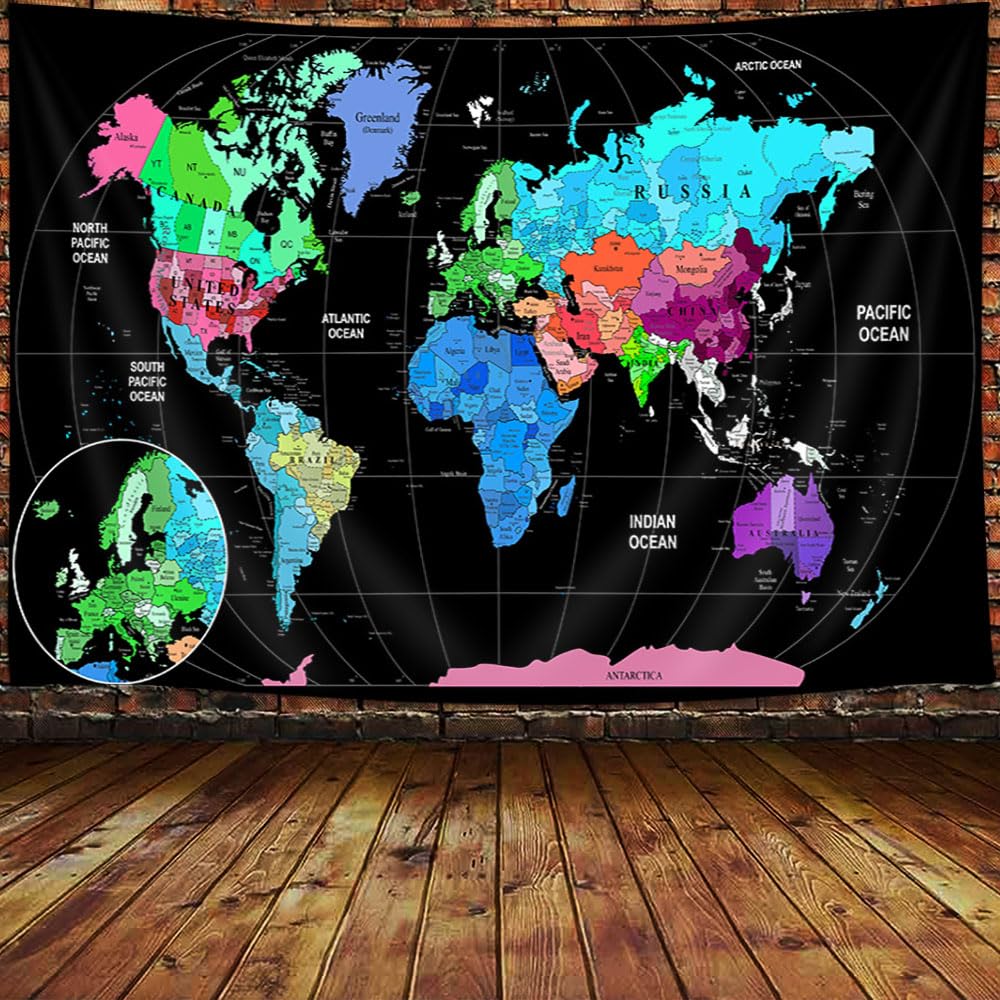 JAWO World Map Tapestry, Map of the World with Countries and Major Cities Wall Tapestries for Kids Student, World Map of the World Tapestry 60X40 Inch(Yellow)