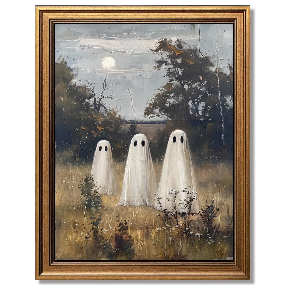 Wemandh Framed Halloween Decorations Fall Decor Wall Art, Rustic Landscape Wall Decor, Cute Ghost Decor Wall Art, Aesthetic Halloween Wall Decor (9.5''x12'')
