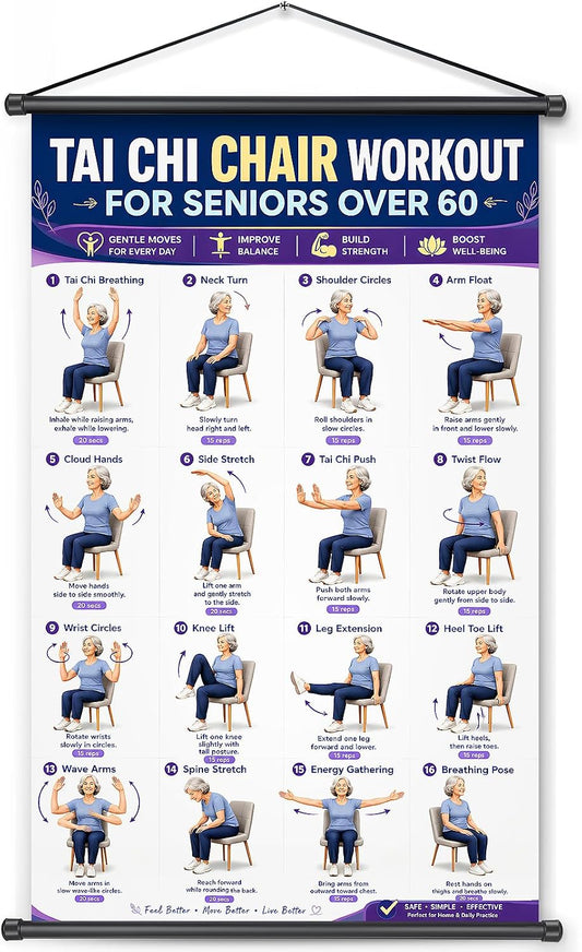 Xpenzi Seated Chair Tai Chi Exercise Poster for Seniors & Beginners, Tai Chi Workout Instruction Chart, Improve Balance & Flexibility, Instructional Wall Art Print, 16 x 24 Inches
