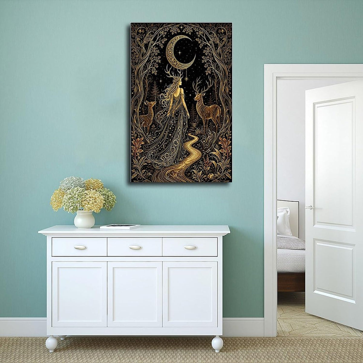Tilvst Golden Moon Goddess Deer Forest Art Tapestry Canvas Poster