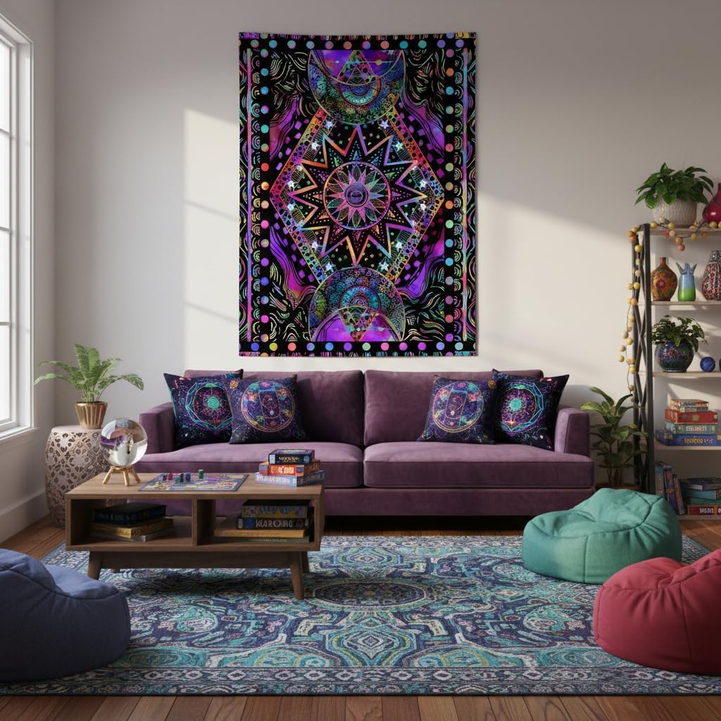 Blacklight Sun and Moon Tapestry Glow in The Dark Neon Hippie Bohemian Tapestries for Bedroom Aesthetic UV Reactive Purple Celestial Tie Dye Tapestry Wall Hanging for Living Room Dorm (40'' × 30'')