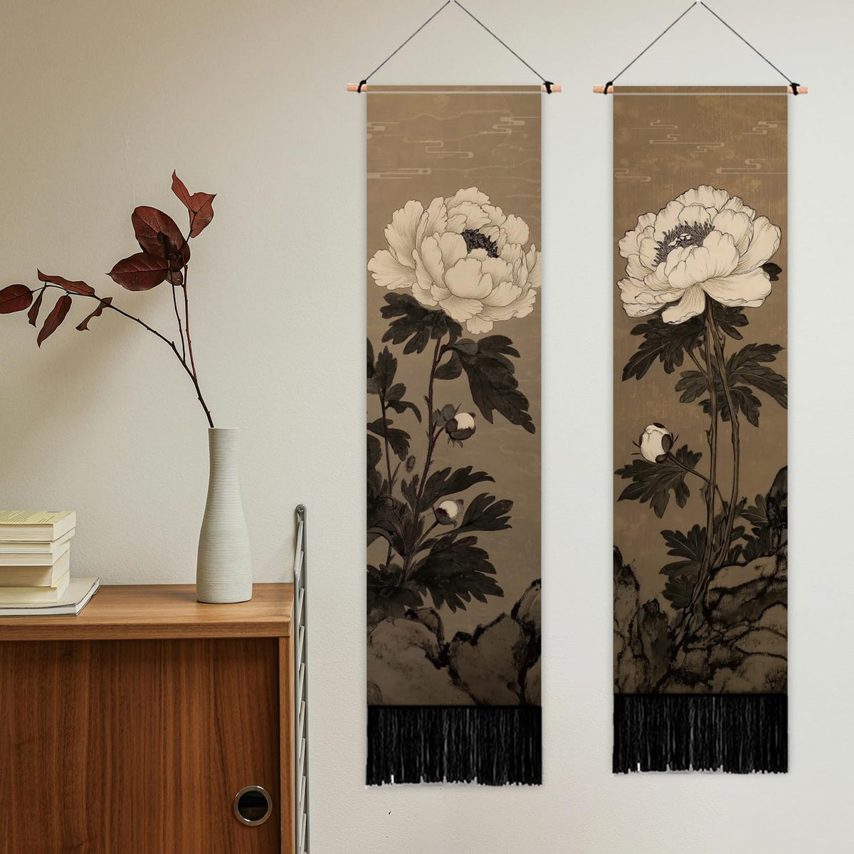 PLIGREAT 2 Pack Japanese Peony Vertical Tapestry with Tassels Elegant Flower Wall Hanging for Bedroom Bathroom Living Room Warm Long Narrow Wall Hanging Dorm Room Home Art Decor