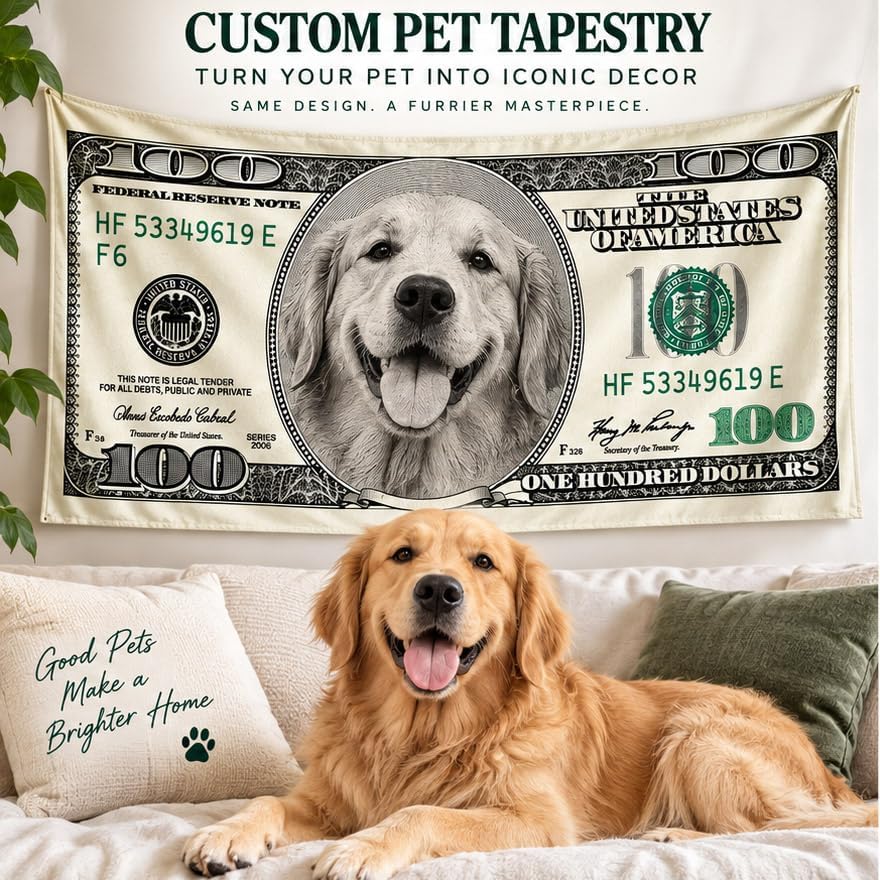 Custom Photo Tapestry, Personalized Funny 100 Dollar Bill Inspired Wall Hanging, Upload Your Face Picture, Novelty Money Style Room Decor, Custom Gift for Men Women Friends Family Birthday Party