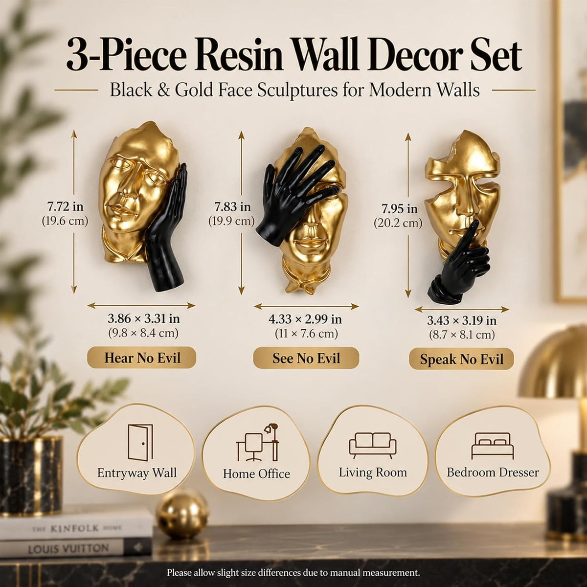 Face Wall Sculptures Set of 3, Modern 3D Abstract Wall Art, Black and Gold