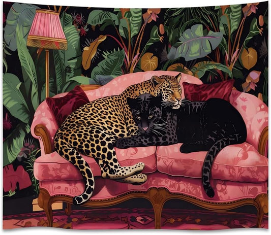 Maximalist Eclectic Cheetah Tapestry Wall Hanging Snuggly Leopard Panther In a Vintage Couch Prints Tapestries Leopard Bedroom Dorm Living Room Wall Decor 30x40inchwhite