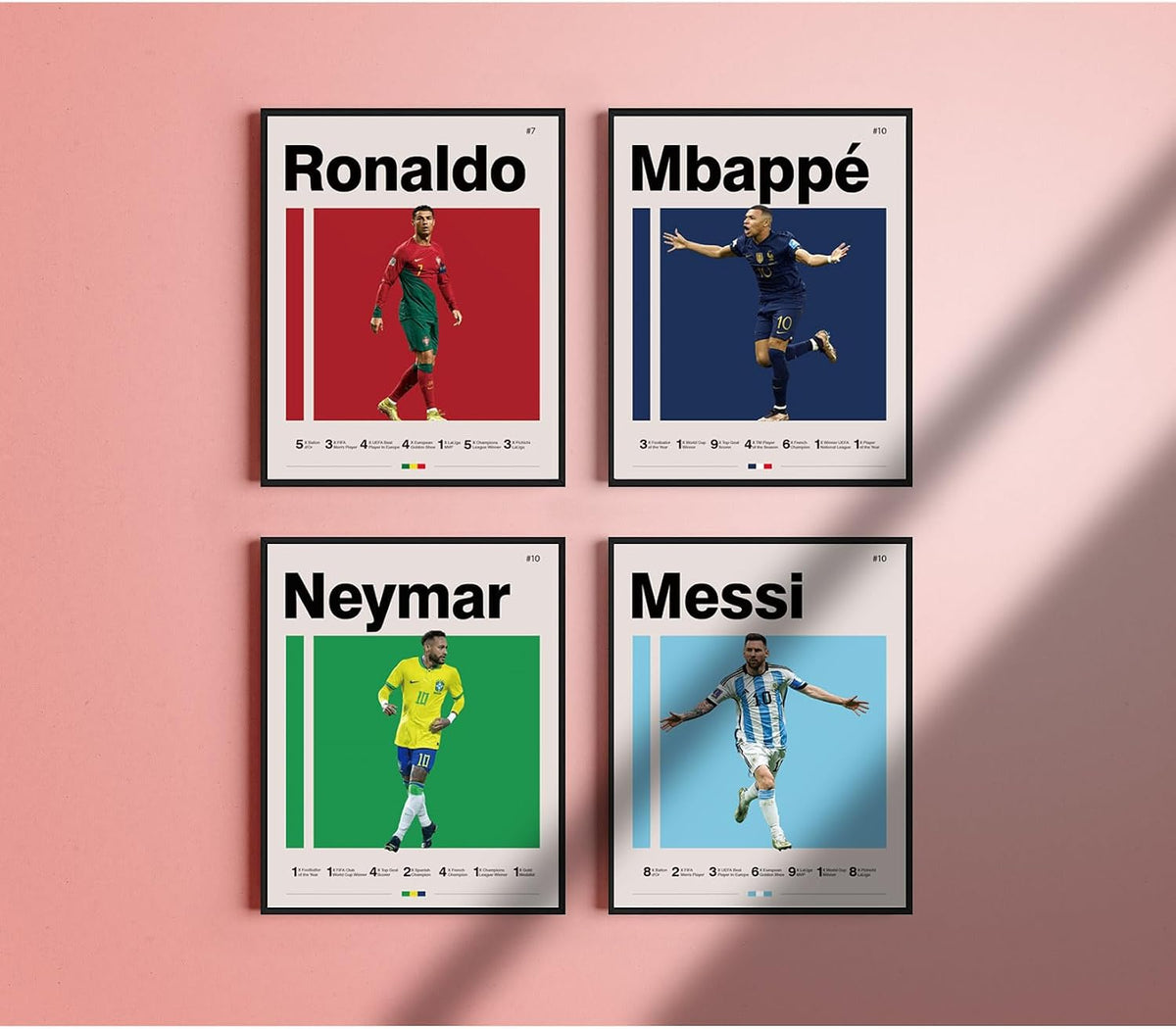 Soccer Posters 8x10 Inch Canvas Prints Unframed Set of 4 - Messi, Ronaldo, Mbape And Neymar Famous Football Superstar Poster Sports Decor for Boys Bedroom Wall Art