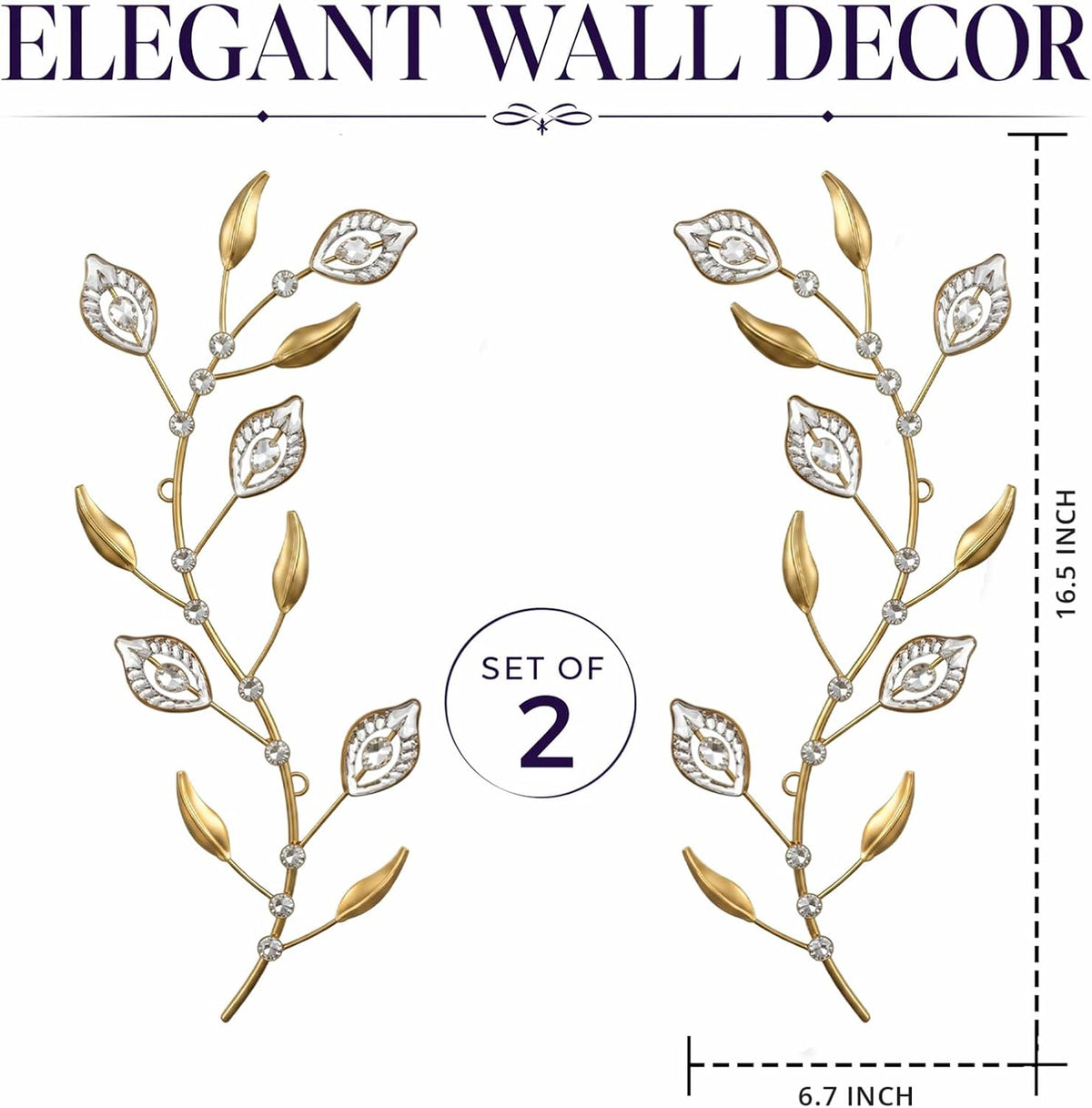 sxnzequnze 2 Set Metal Tree Leaf Wall Art for Home Decor Living Room Bedroom Dining Room Bling Rhinestone, 3D, Iron Branch Hanging Leaf Sculpture Art Pieces -Gold 16.5in*6.7in